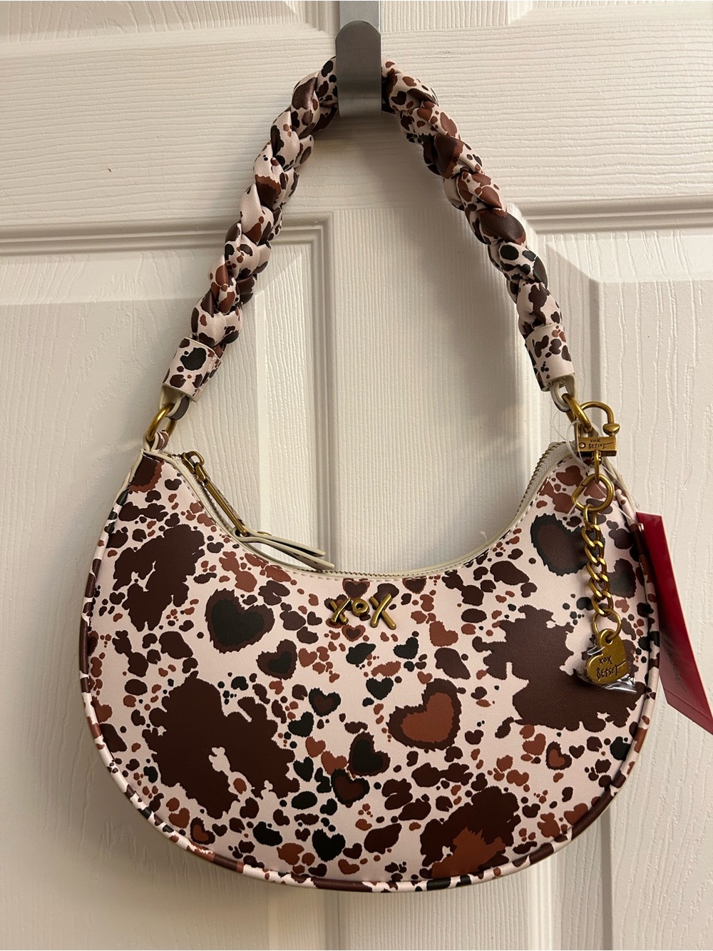 Betsey Johnson Brown & Cream Heart Print Hobo Bag